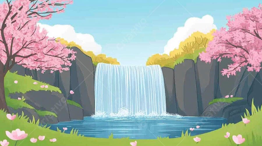 Cachoeira em cenário primaveril com árvores de cerejeira