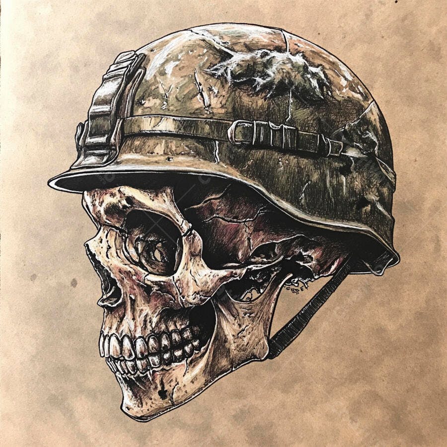 Crânio com capacete militar estilo vintage