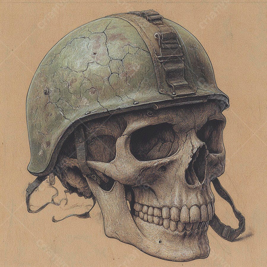 Crânio com capacete militar antigo