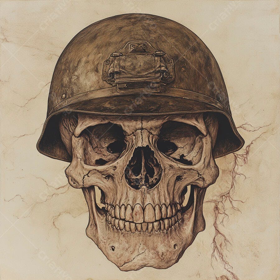 Crânio com capacete militar antigo