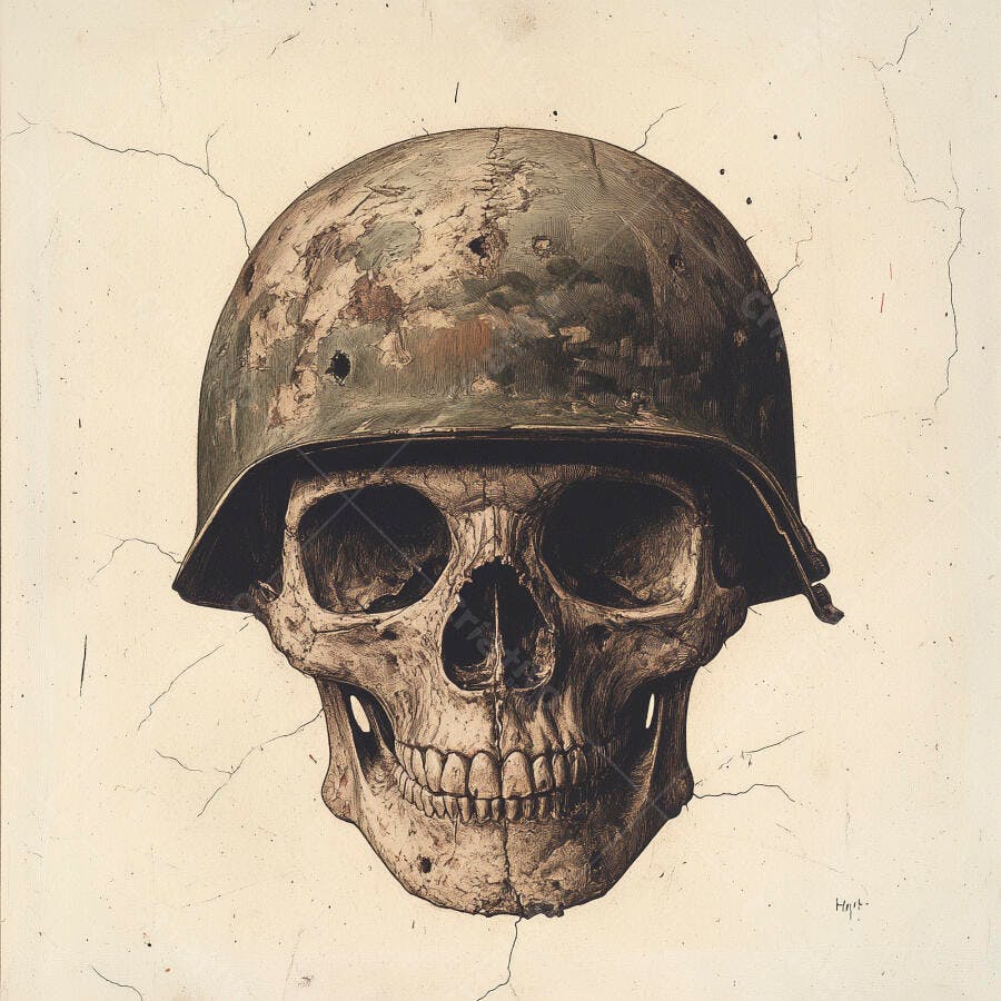 Crânio com capacete militar antigo