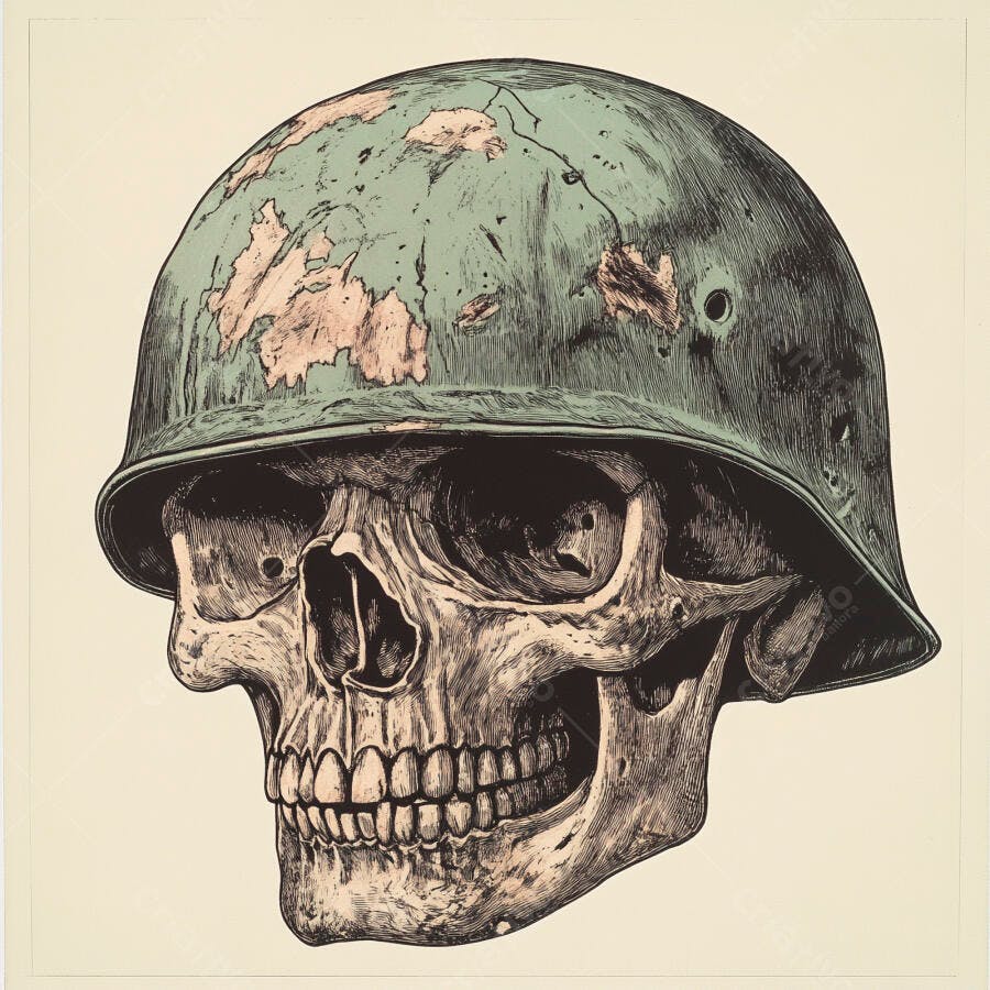 Caveira com capacete militar antigo