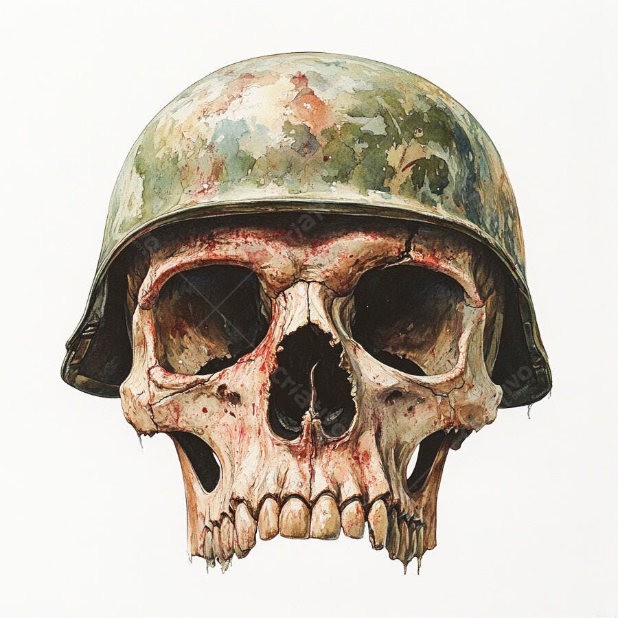 Crânio com capacete militar em aquarela