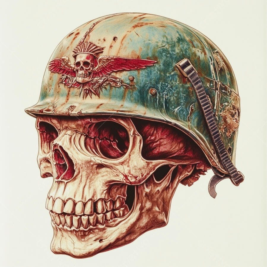Caveira com capacete militar antigo