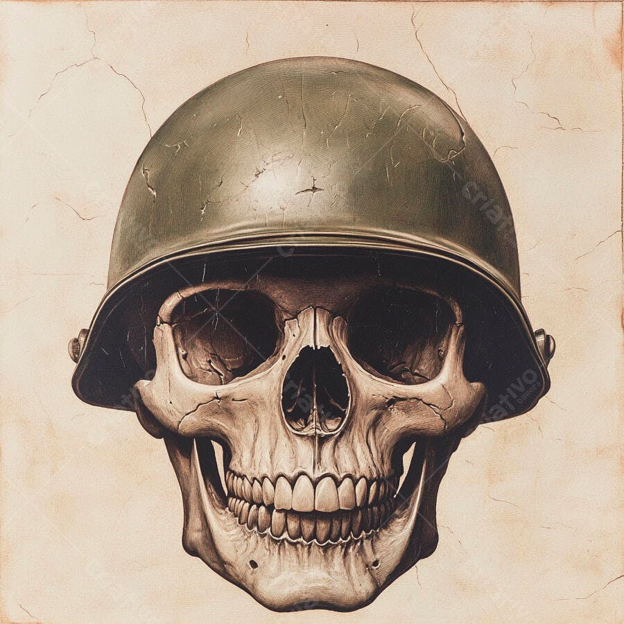 Crânio com capacete militar