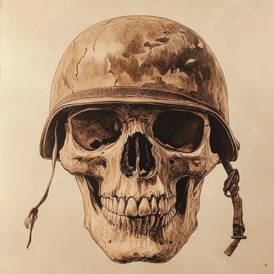 Crânio com capacete militar em tons sépia