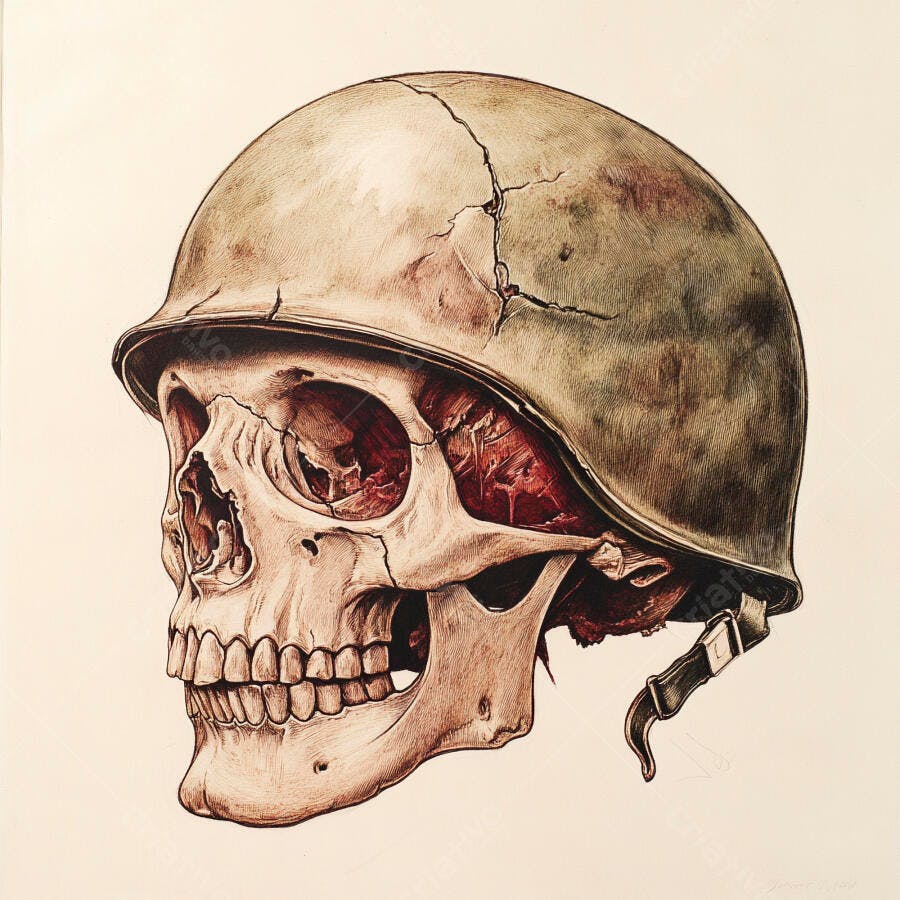 Crânio com capacete militar tons sépia