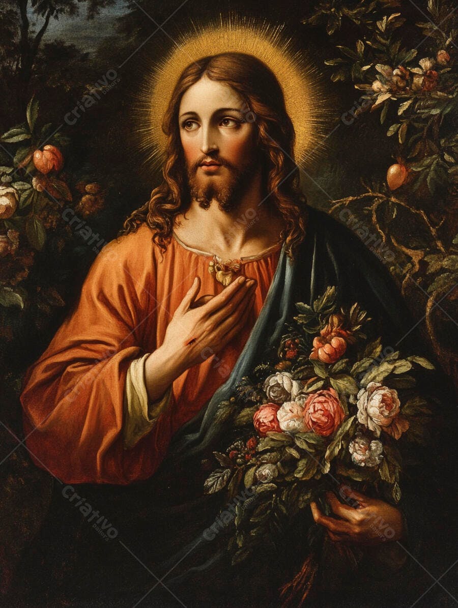 Jesus Cristo com flores e coroa de espinhos