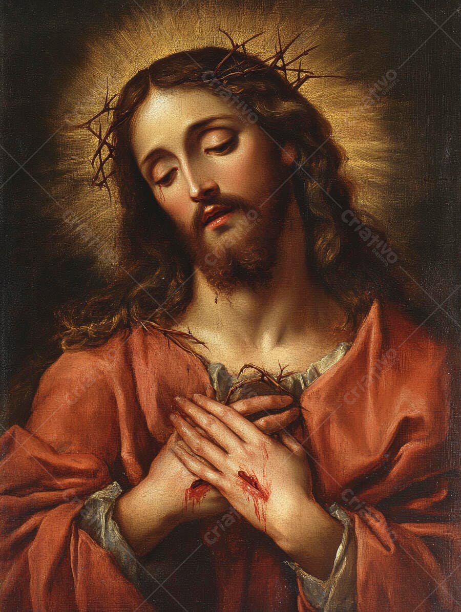 Jesus Cristo com coroa de espinhos e feridas