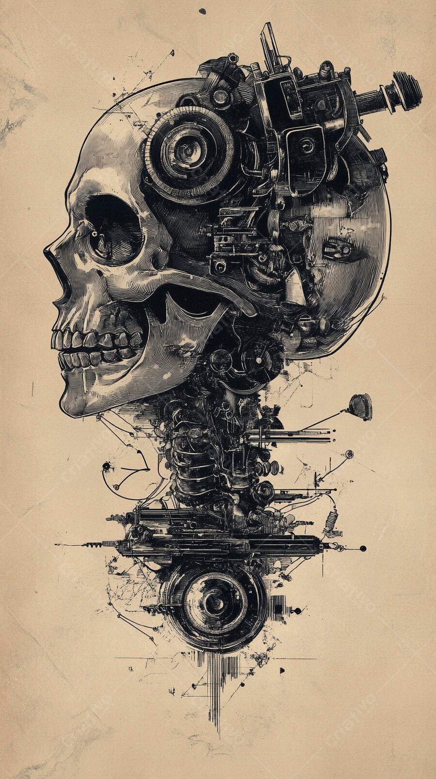 Crânio mecânico arte digital monocromática