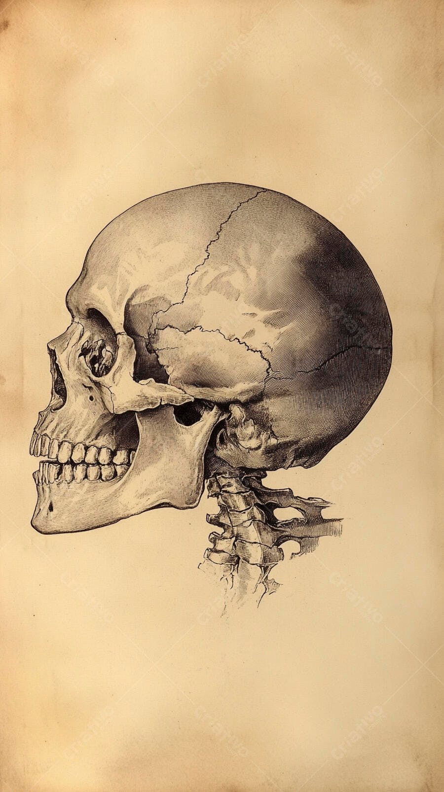 Crânio humano perfil desenho vintage