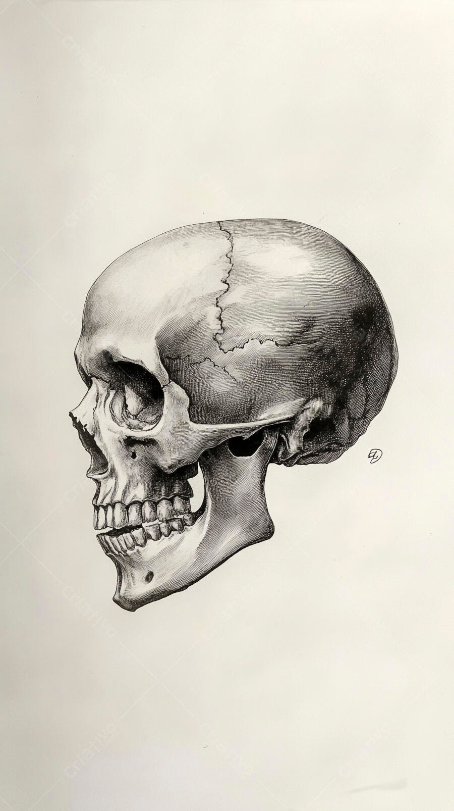 Crânio humano perfil desenho detalhado