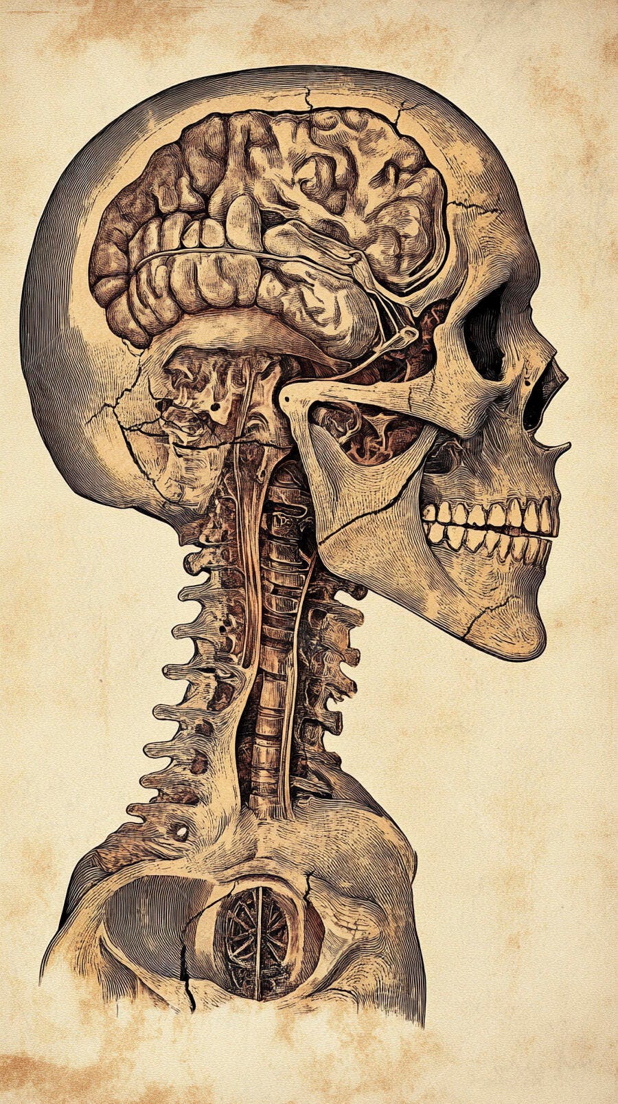 Ilustração médica crânio humano e cérebro