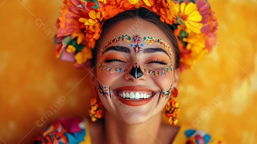 Modelo com maquiagem Dia de Muertos sorrindo