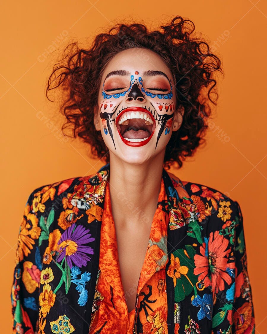 Mulher com maquiagem de caveira mexicana rindo