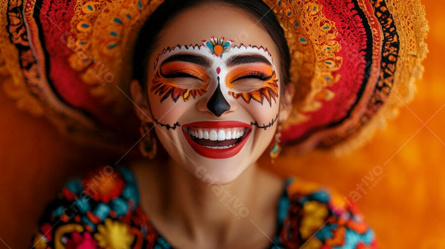 Mulher com maquiagem Dia dos Mortos sorrindo
