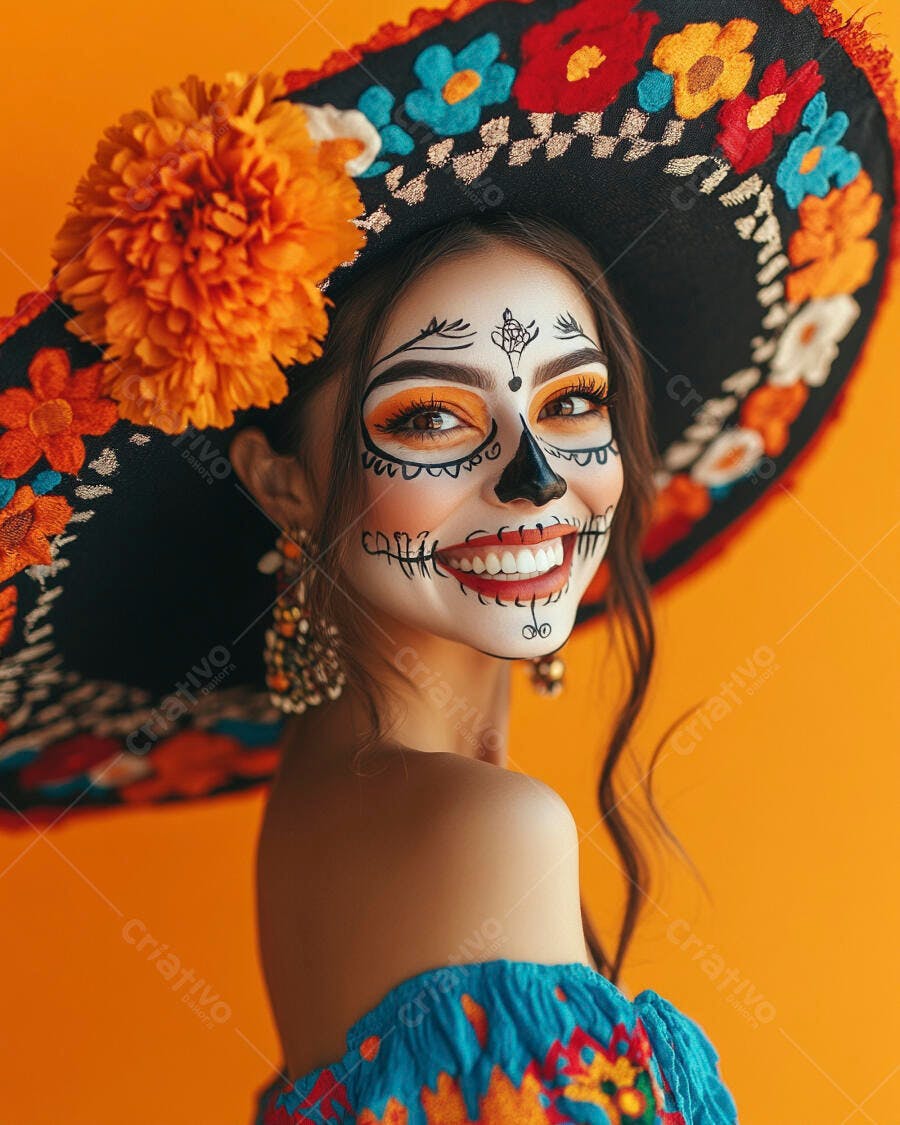 Mulher com maquiagem de Dia dos Mortos usando sombrero