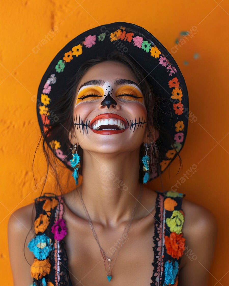 Modelo com maquiagem de caveira mexicana sorrindo