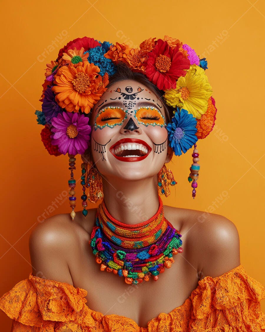 Mulher com maquiagem de Dia de los Muertos sorrindo