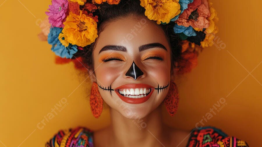 Mulher com maquiagem de Dia dos Mortos e coroa de flores
