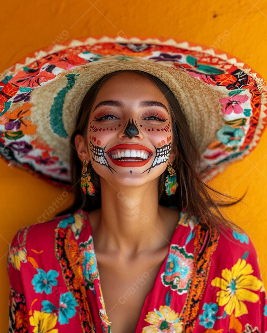 Mulher com maquiagem de caveira mexicana sorrindo