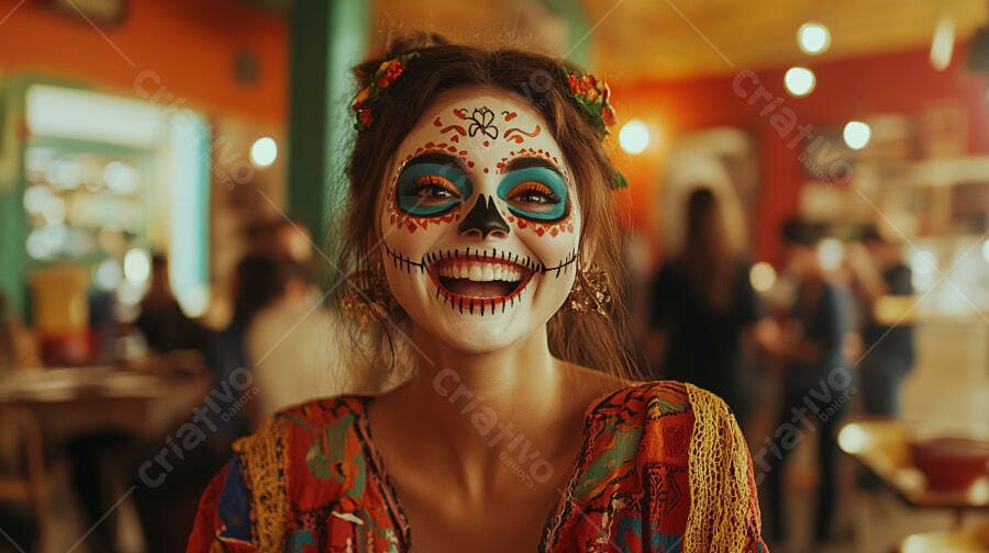 Mulher com maquiagem de caveira mexicana sorrindo