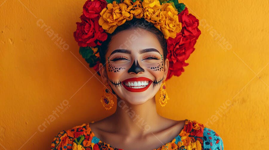 Mulher com maquiagem Dia dos Mortos sorrindo