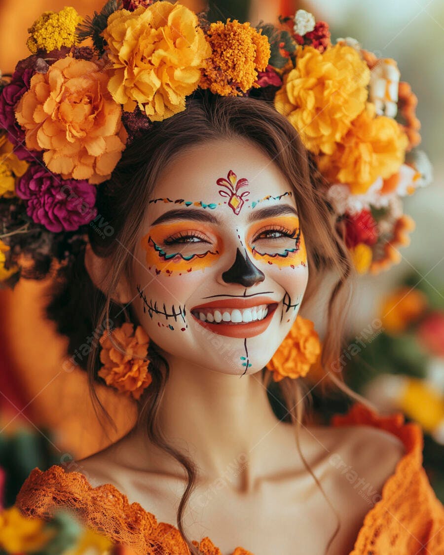 Mulher com maquiagem Dia dos Mortos sorrindo