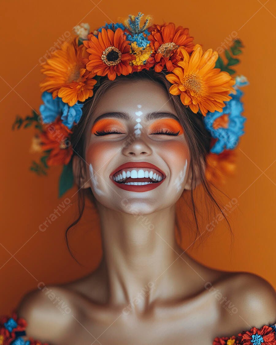 Modelo com coroa de flores sorrindo fundo laranja