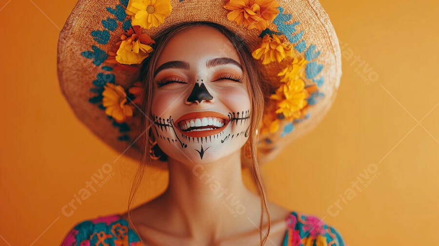 Mulher sorridente com maquiagem de caveira Dia dos Mortos