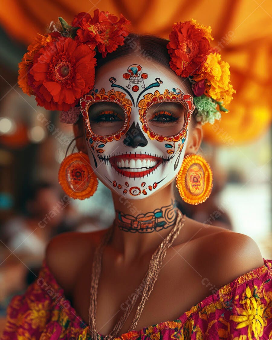 Mulher com maquiagem de Catrina sorrindo