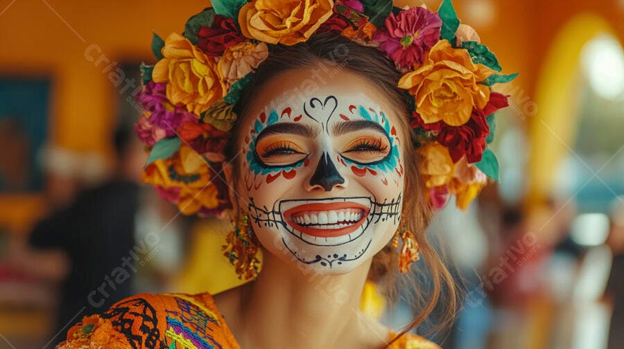 Mulher sorridente com maquiagem de Catrina Dia dos Mortos
