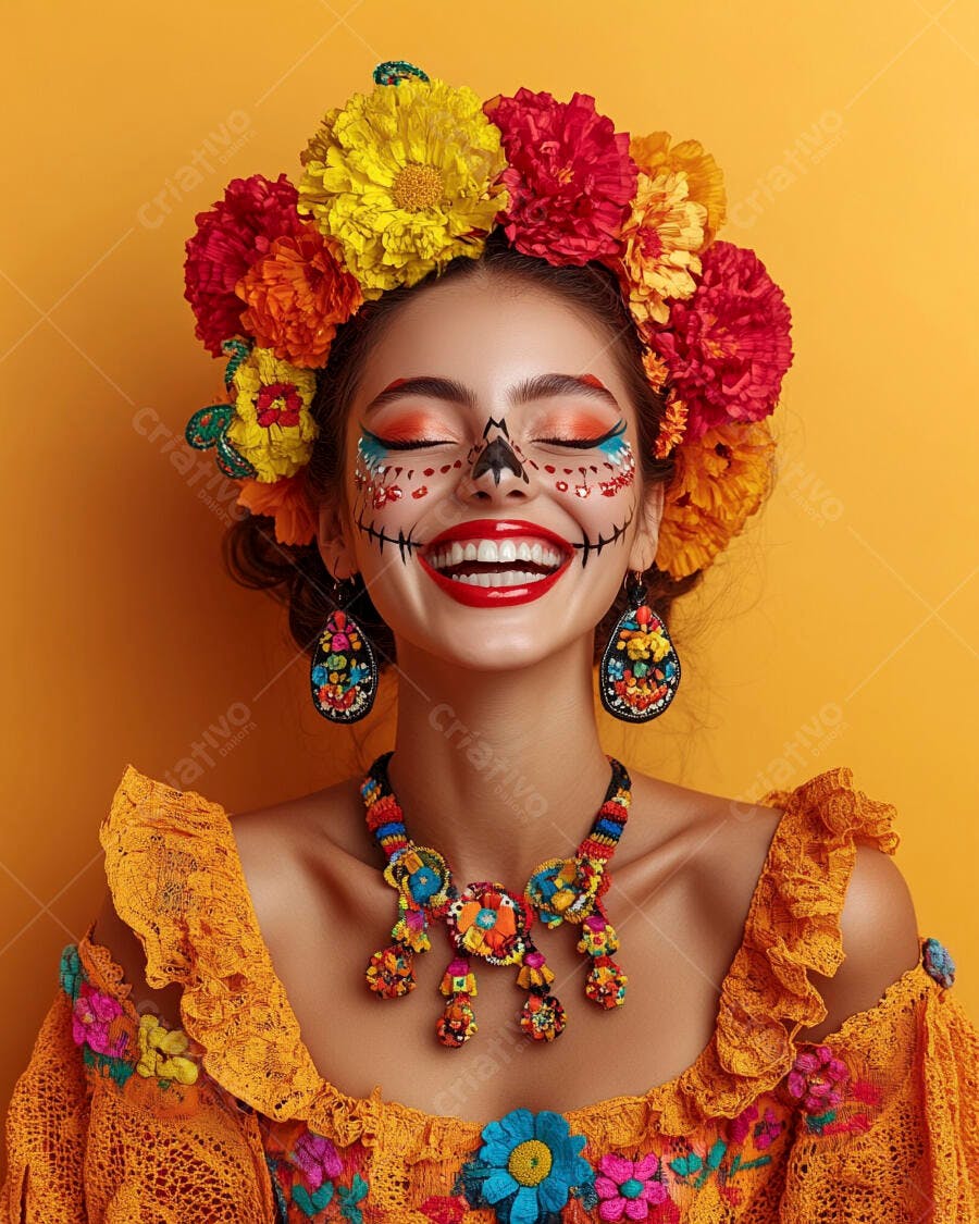Mulher com maquiagem de Dia de los Muertos sorrindo