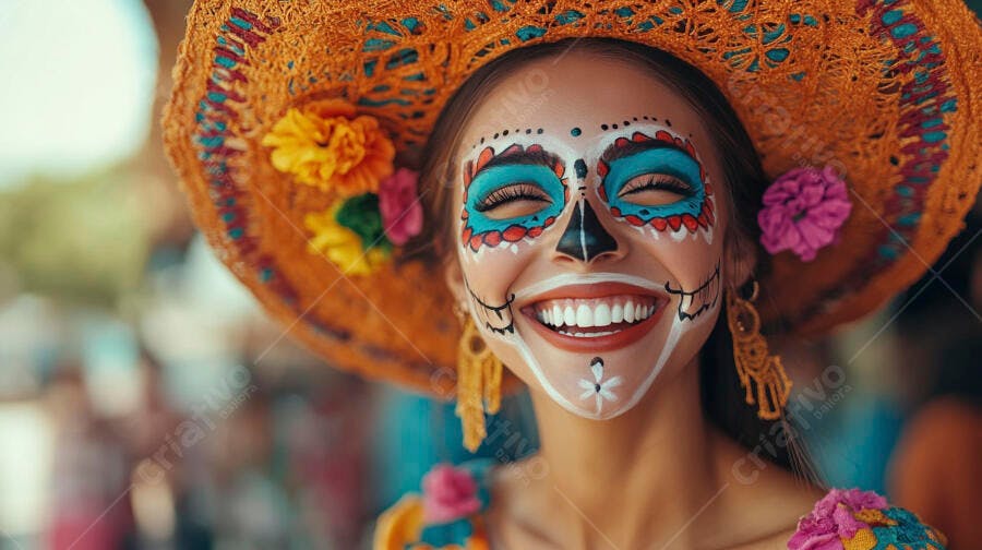 Mulher sorridente com maquiagem Dia de los Muertos