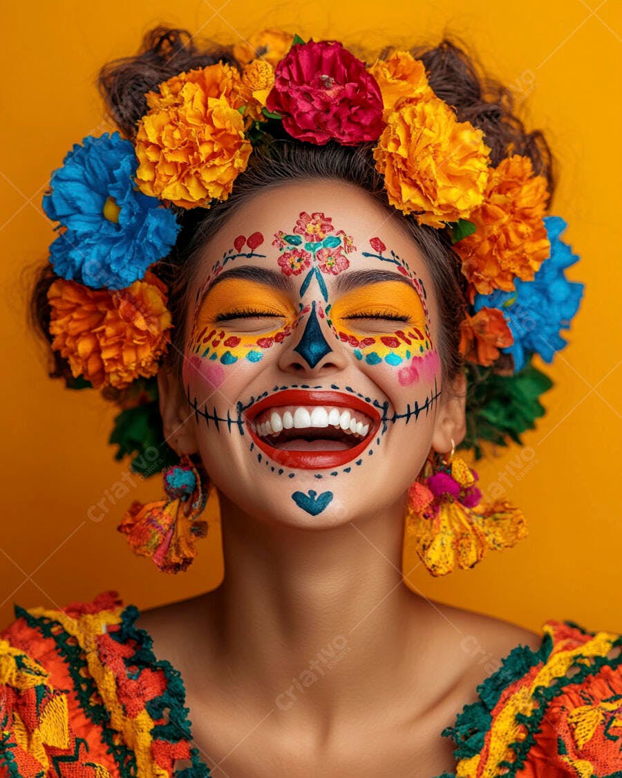 Mulher com maquiagem de Dia de los Muertos sorrindo