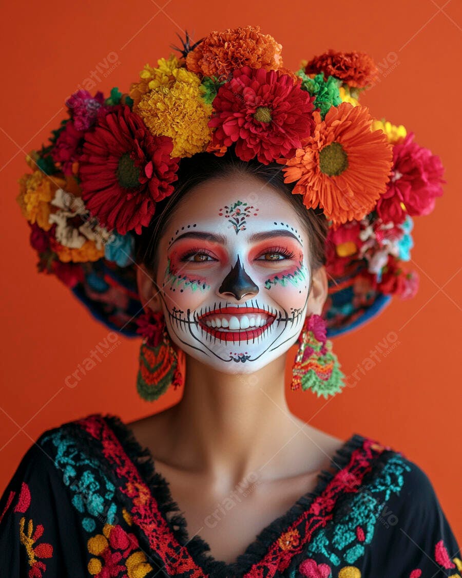 Mulher com maquiagem de Catrina e coroa de flores