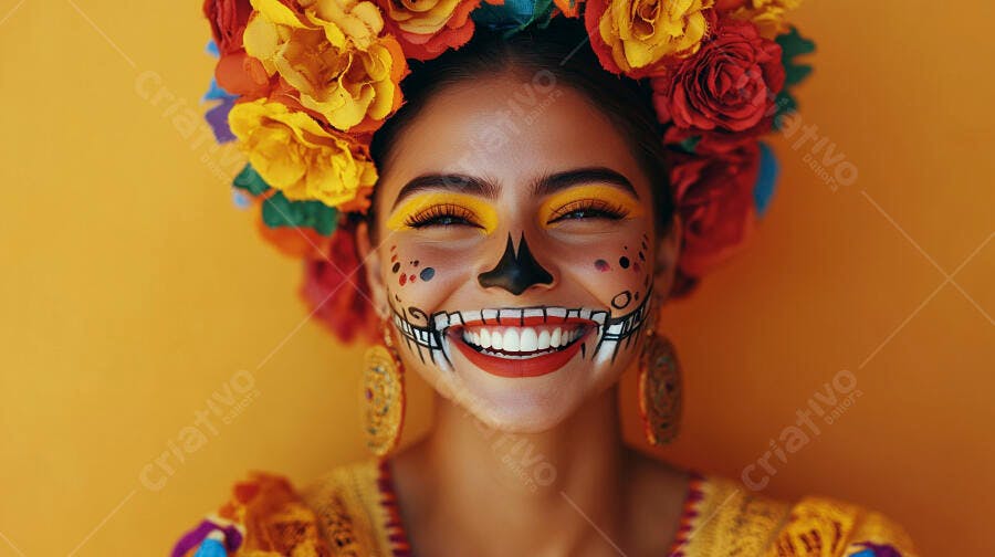 Mulher com maquiagem de caveira mexicana sorrindo