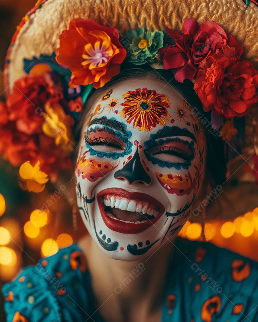 Mulher com maquiagem de Dia de Muertos sorrindo
