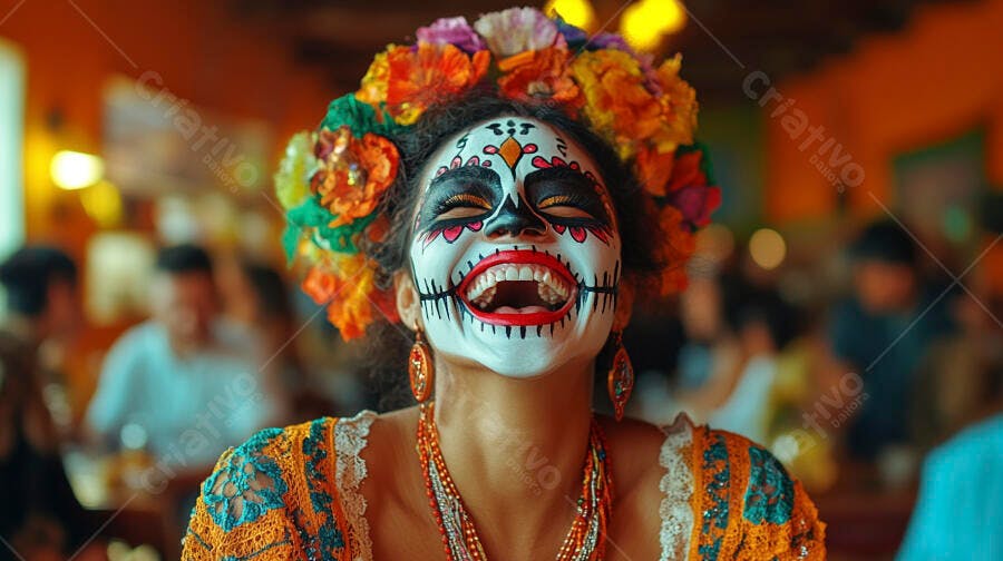 Mulher com maquiagem de Catrina sorrindo