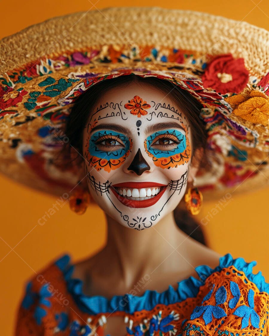 Mulher com maquiagem de Dia dos Mortos sorrindo