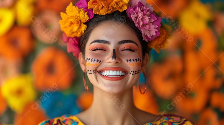 Mulher sorridente com maquiagem Dia dos Mortos