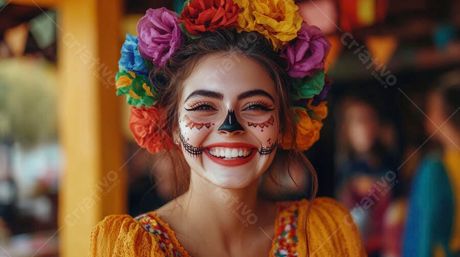 Mulher sorridente com maquiagem Dia dos Mortos