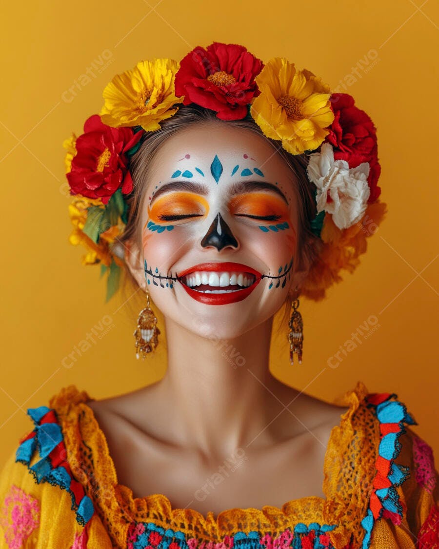 Mulher sorridente com maquiagem de Catrina e coroa de flores