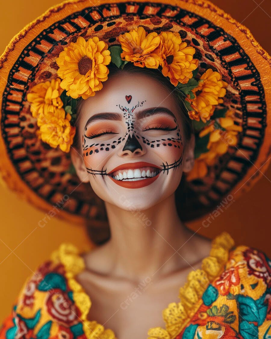 Mulher com maquiagem Dia de los Muertos sorrindo