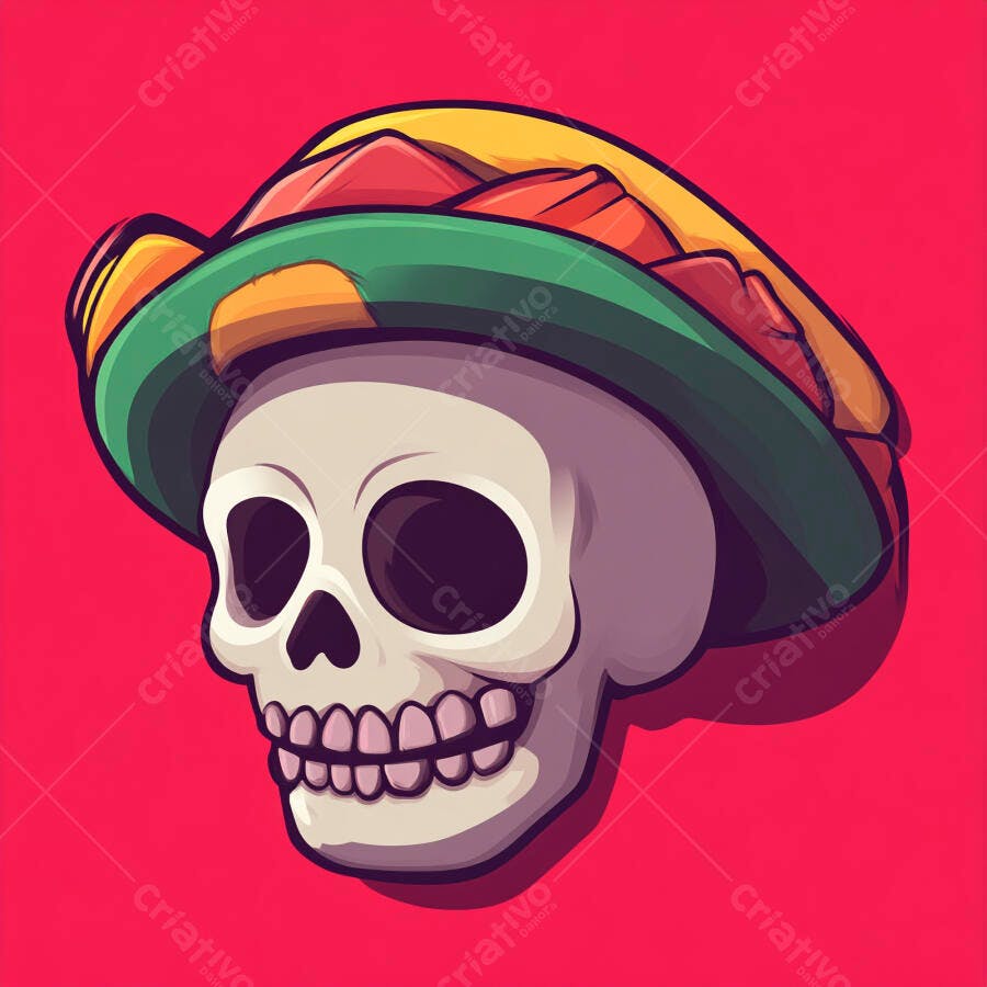 Caveira com chapéu colorido estilo Dia dos Mortos