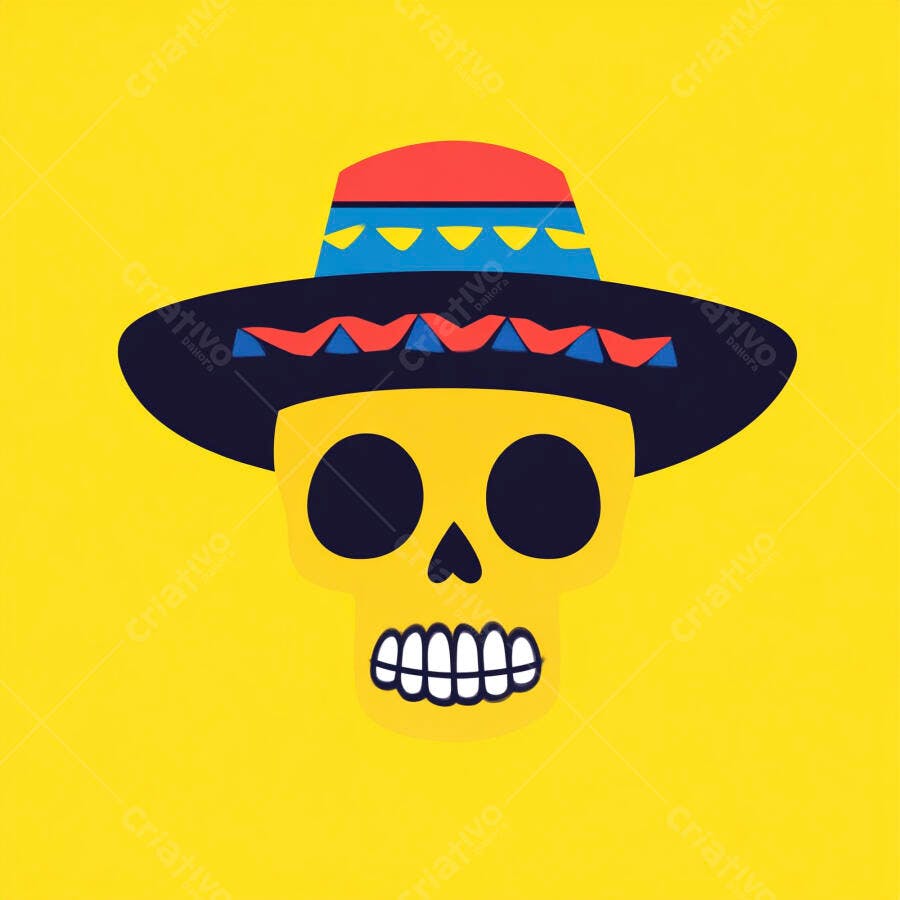 Caveira mexicana com sombrero amarelo e azul
