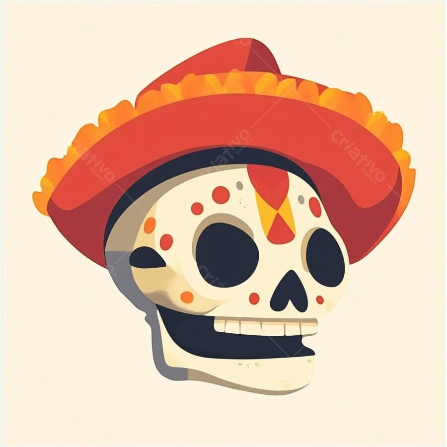 Caveira Mexicana com chapéu vermelho Dia dos Mortos