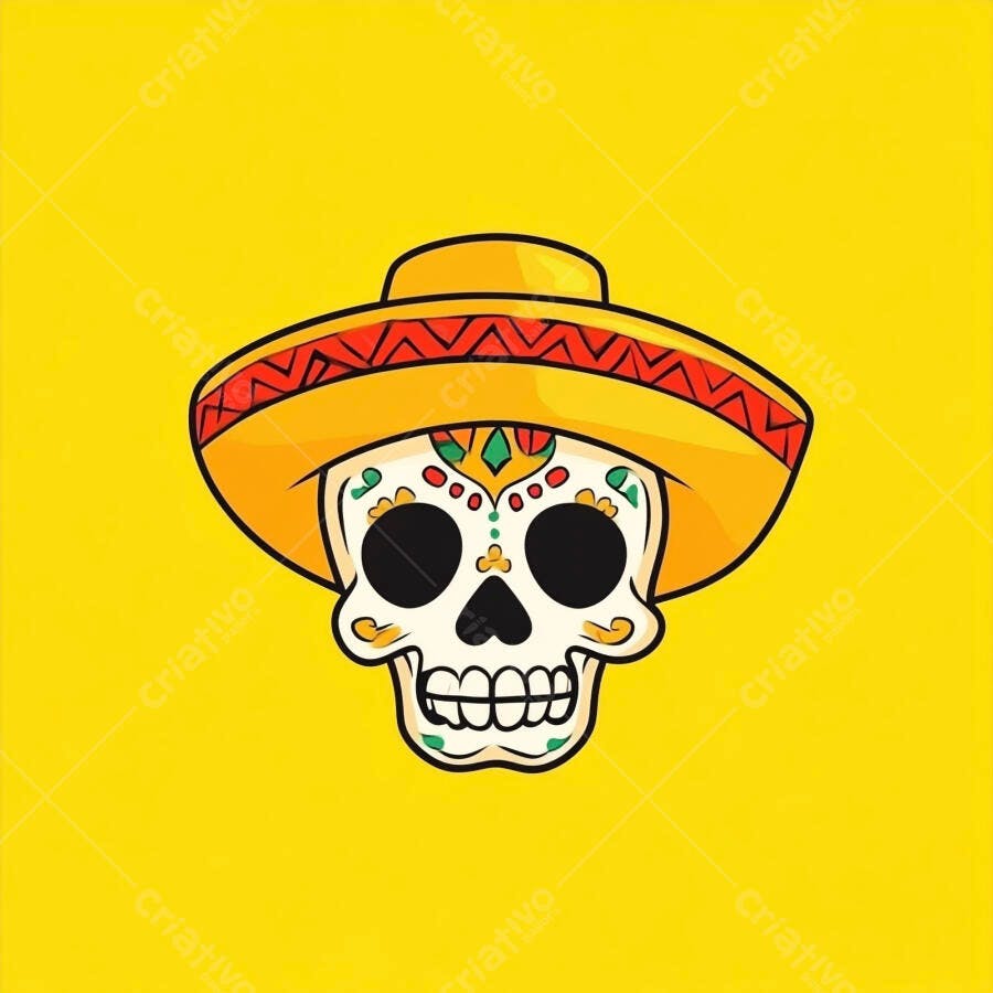 Caveira Mexicana com Sombrero Amarelo