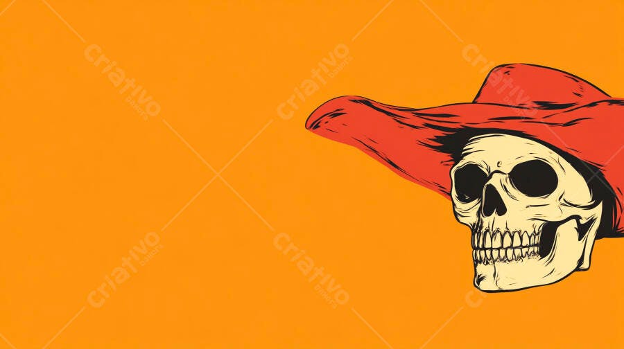 Caveira com chapéu vermelho fundo laranja