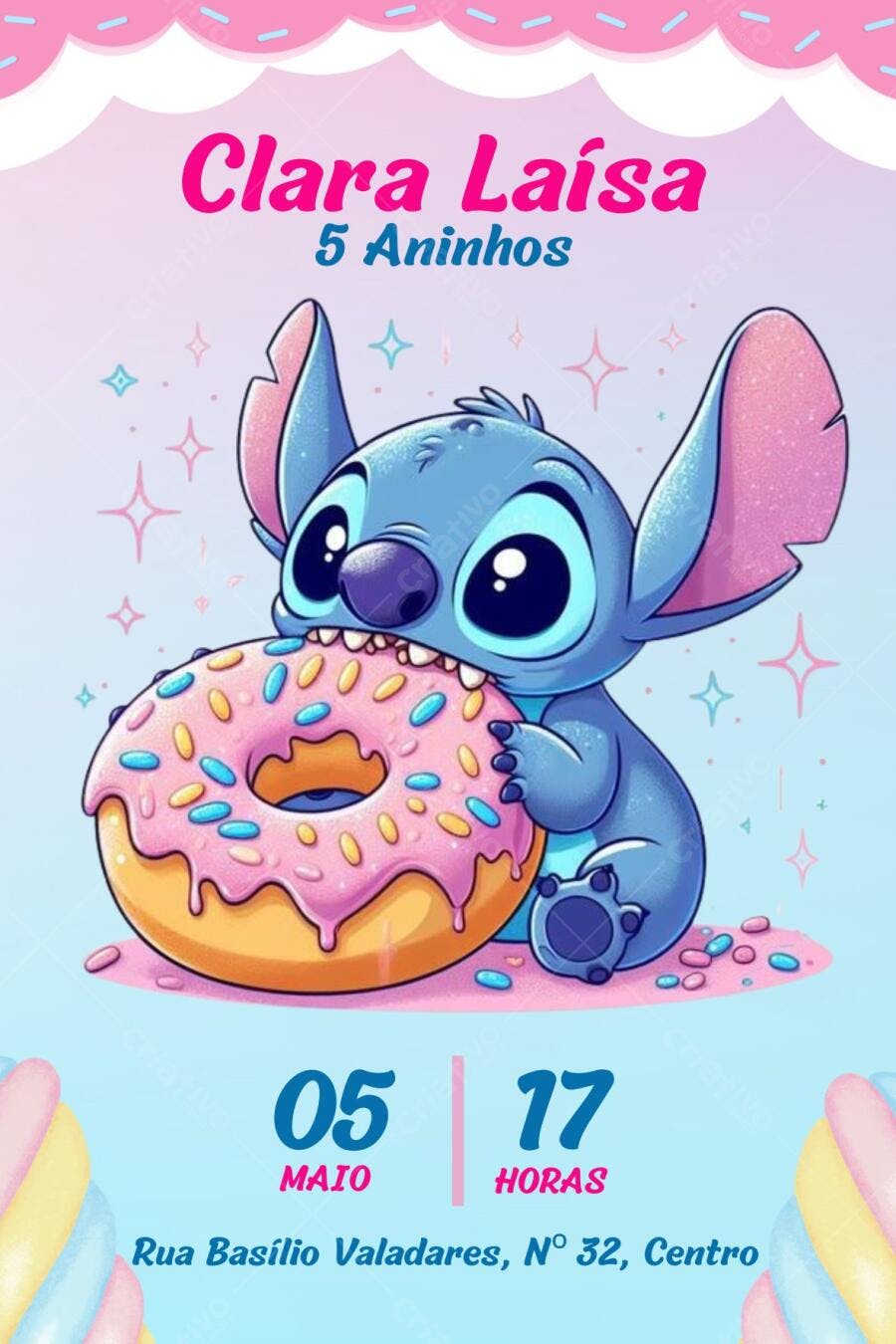 Convite de Aniversário Infantil Stitch com Donut Rosa e Azul Editável no Canva